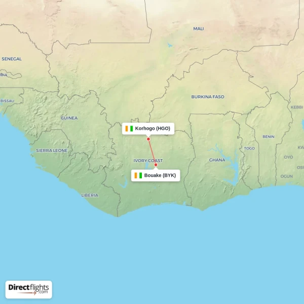 Korhogo - Bouake direct flight map