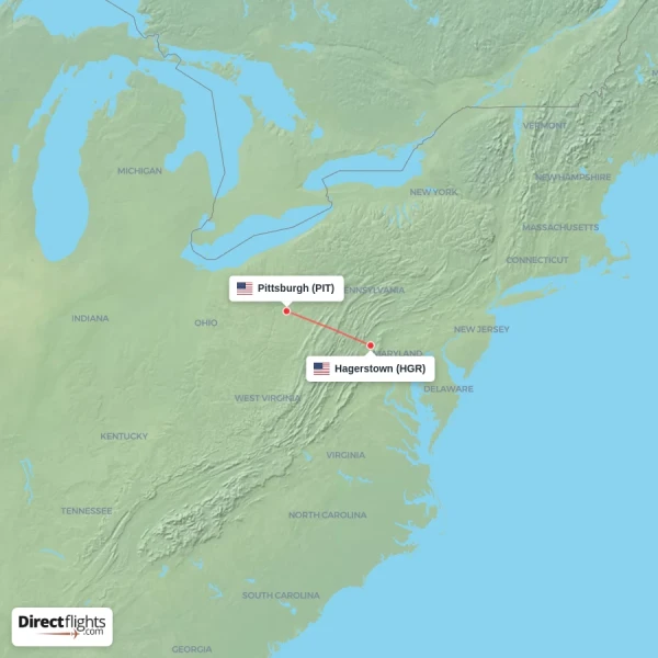 Hagerstown - Pittsburgh direct flight map