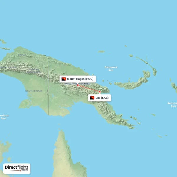 Mount Hagen - Lae direct flight map