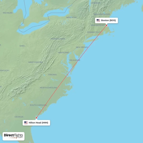Hilton Head - Boston direct flight map