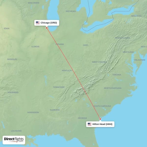 Hilton Head - Chicago direct flight map