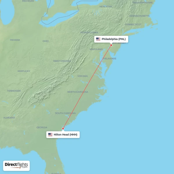 Hilton Head - Philadelphia direct flight map