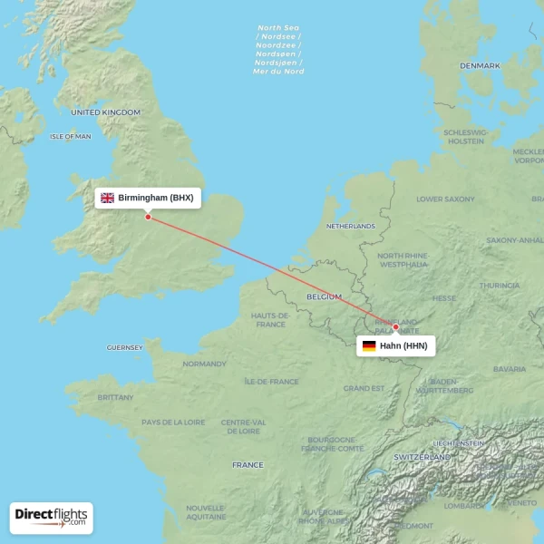 Hahn - Birmingham direct flight map