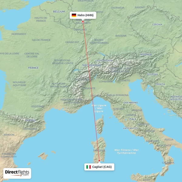 Hahn - Cagliari direct flight map