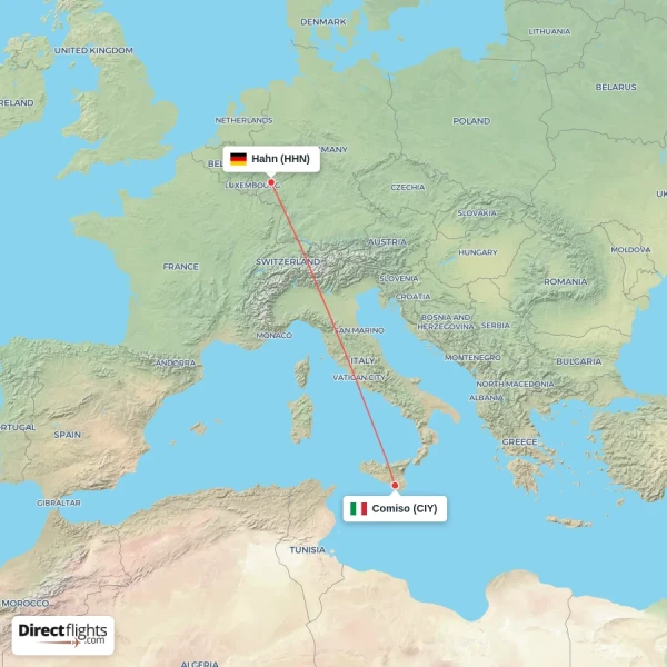 Hahn - Comiso direct flight map