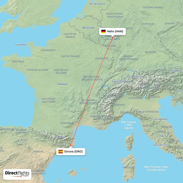 Hahn - Girona direct flight map