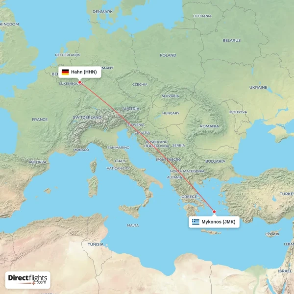 Hahn - Mykonos direct flight map