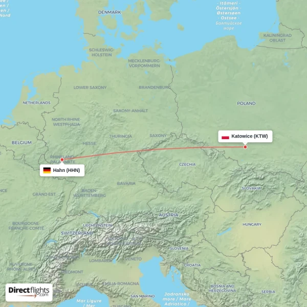 Hahn - Katowice direct flight map