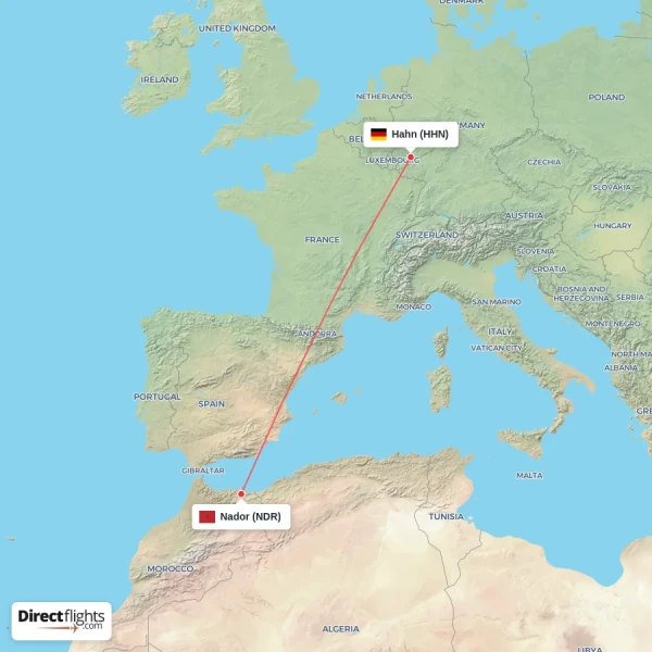 Hahn - Nador direct flight map
