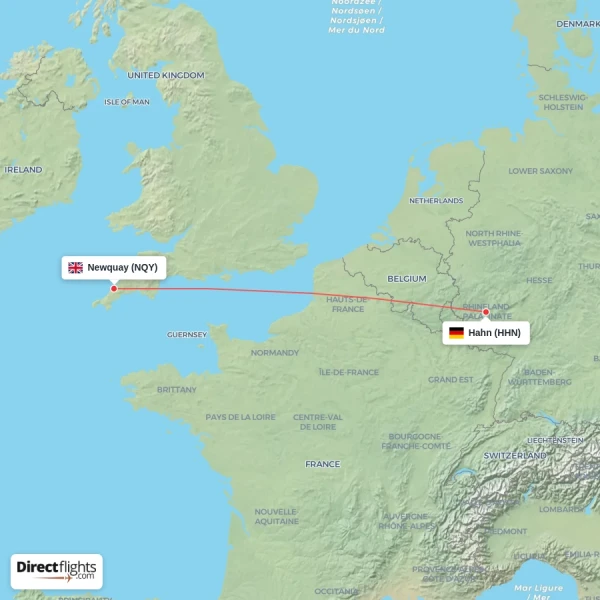 Hahn - Newquay direct flight map