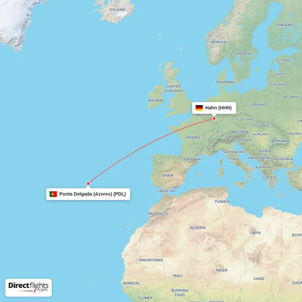 Hahn - Ponta Delgada (Azores) direct flight map
