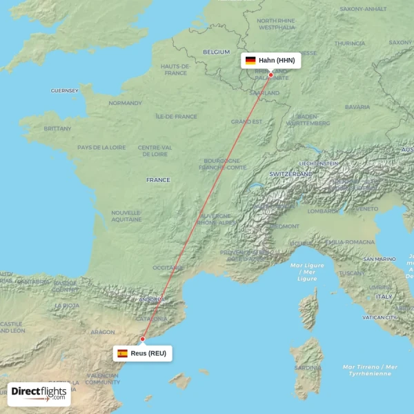 Hahn - Reus direct flight map