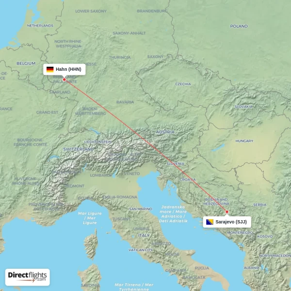 Hahn - Sarajevo direct flight map