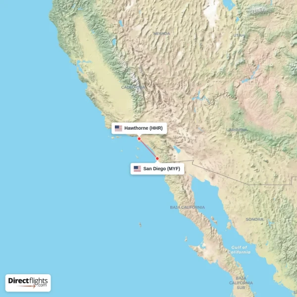 Hawthorne - San Diego direct flight map