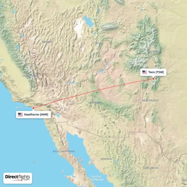 Hawthorne - Taos direct flight map
