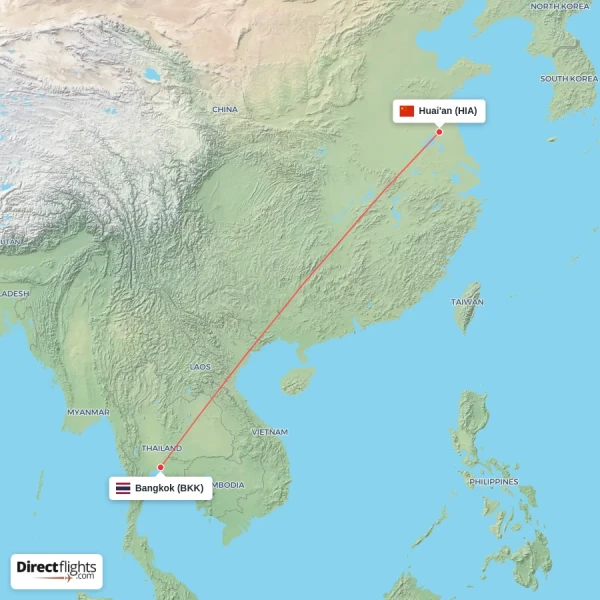 Huai'an - Bangkok direct flight map