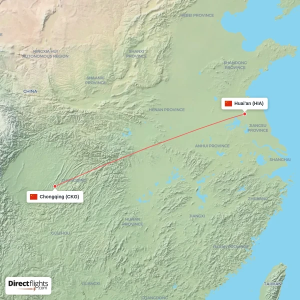 Huai'an - Chongqing direct flight map