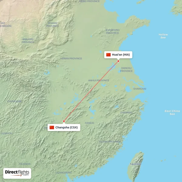 Huai'an - Changsha direct flight map