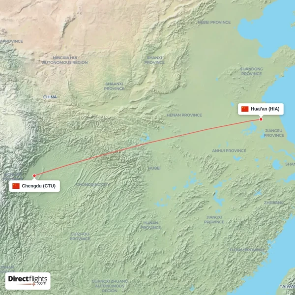 Huai'an - Chengdu direct flight map