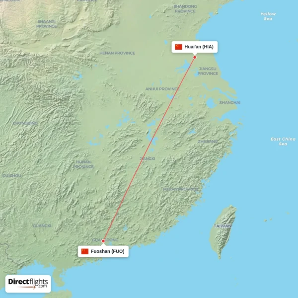 Huai'an - Fuoshan direct flight map