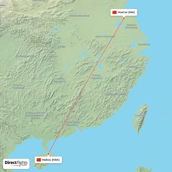 Huai'an - Haikou direct flight map