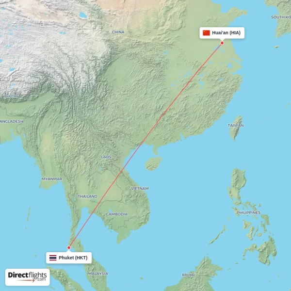 Huai'an - Phuket direct flight map