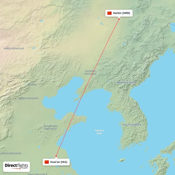 Huai'an - Harbin direct flight map