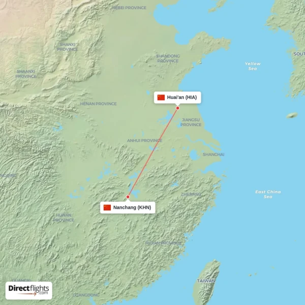 Huai'an - Nanchang direct flight map