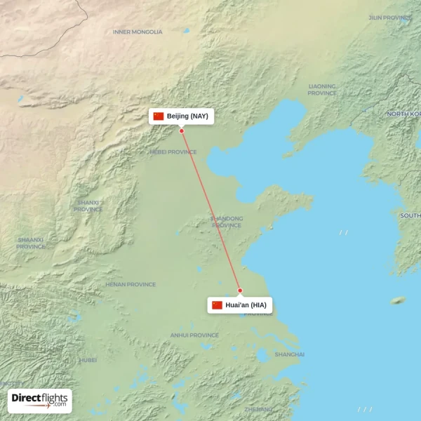 Huai'an - Beijing direct flight map