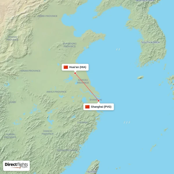 Huai'an - Shanghai direct flight map