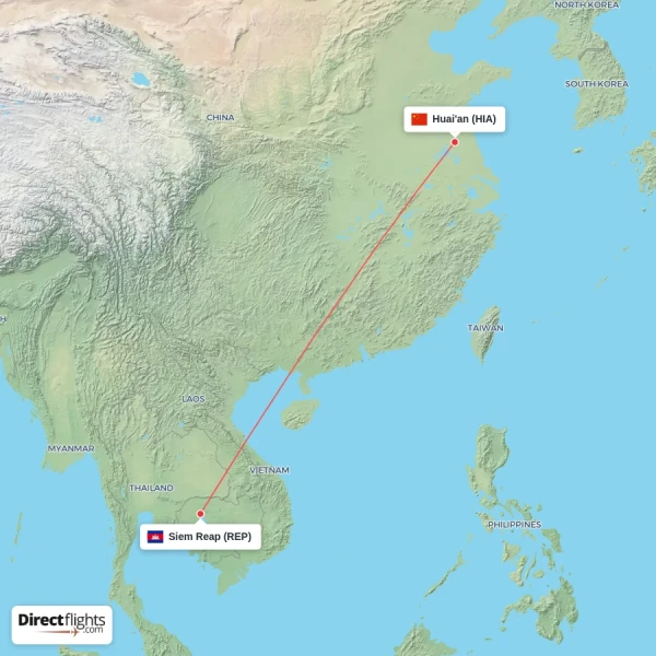 Huai'an - Siem Reap direct flight map
