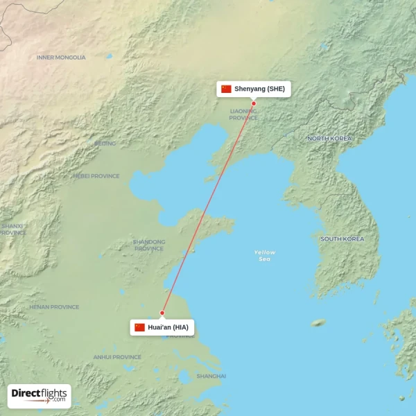 Huai'an - Shenyang direct flight map