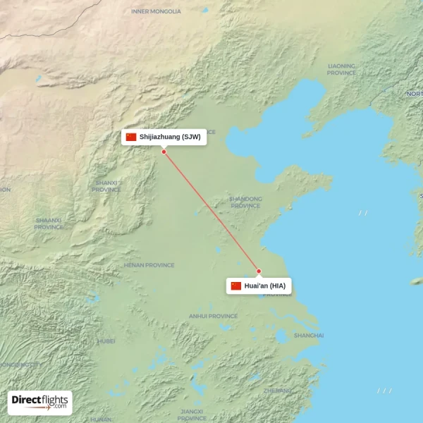 Huai'an - Shijiazhuang direct flight map