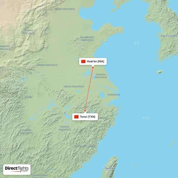 Huai'an - Tunxi direct flight map