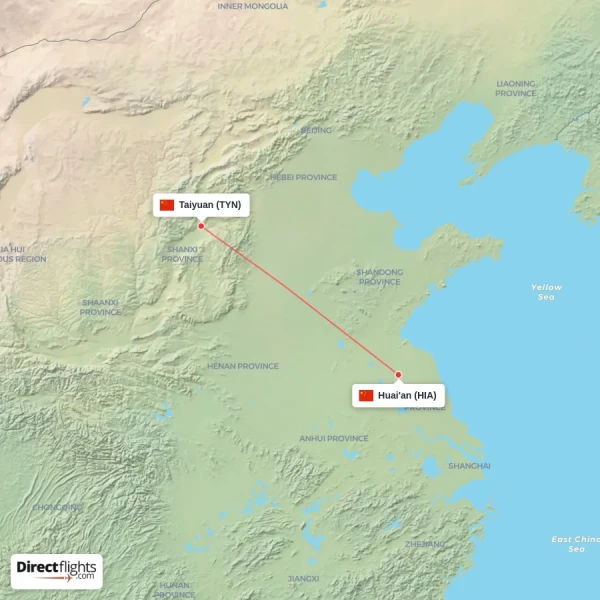 Huai'an - Taiyuan direct flight map
