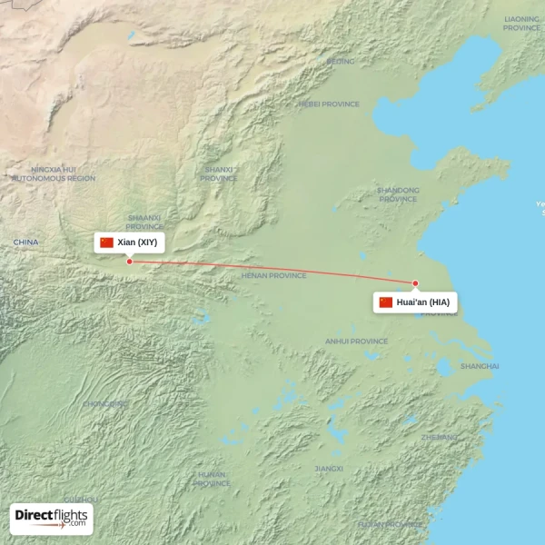 Huai'an - Xian direct flight map