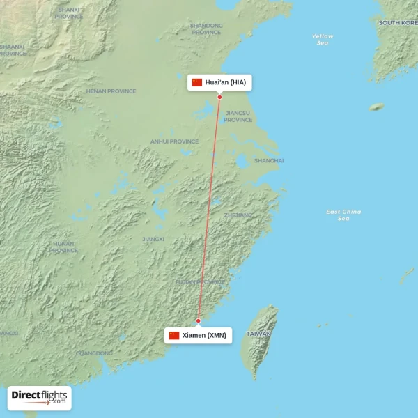 Huai'an - Xiamen direct flight map