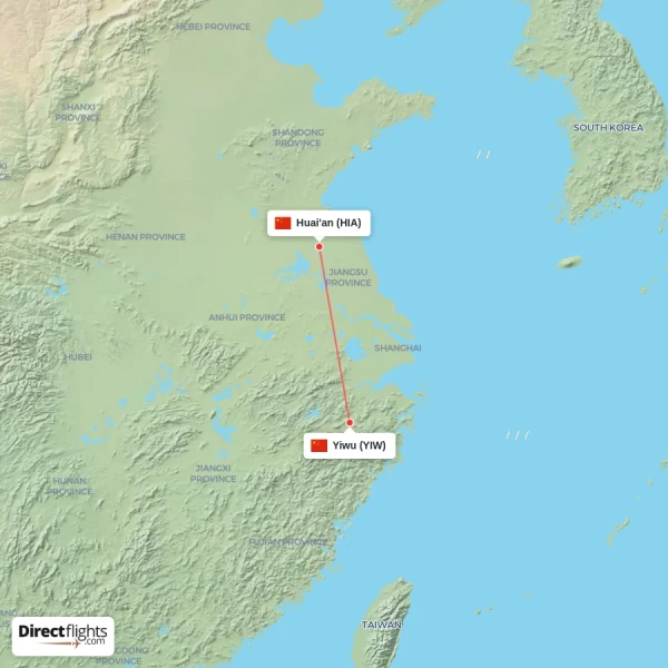Huai'an - Yiwu direct flight map
