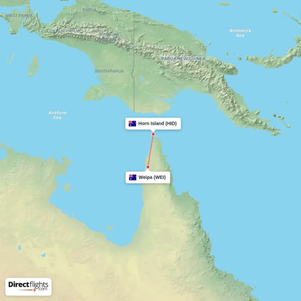 Horn Island - Weipa direct flight map
