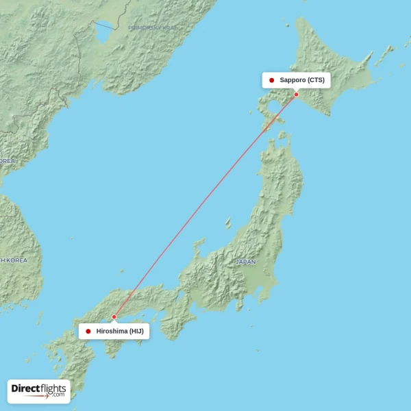 Hiroshima - Sapporo direct flight map