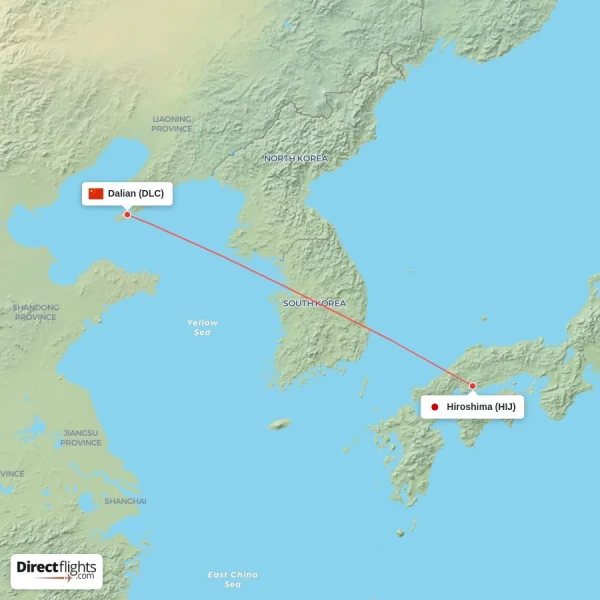 Hiroshima - Dalian direct flight map