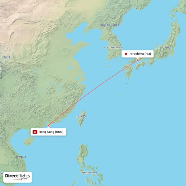 Hiroshima - Hong Kong direct flight map