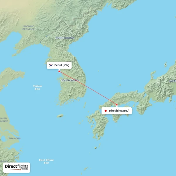 Hiroshima - Seoul direct flight map