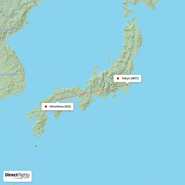 Hiroshima - Tokyo direct flight map