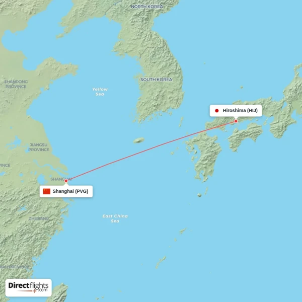 Hiroshima - Shanghai direct flight map
