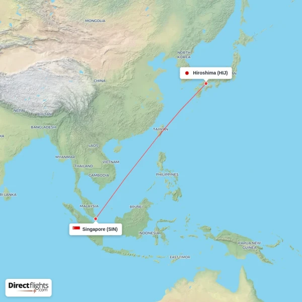 Hiroshima - Singapore direct flight map