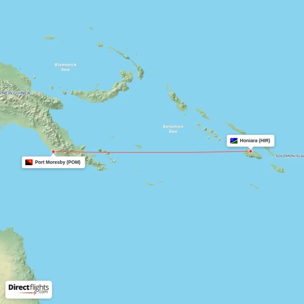 Honiara - Port Moresby direct flight map