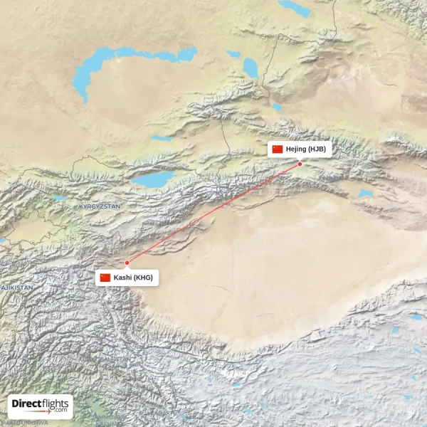 Hejing - Kashi direct flight map