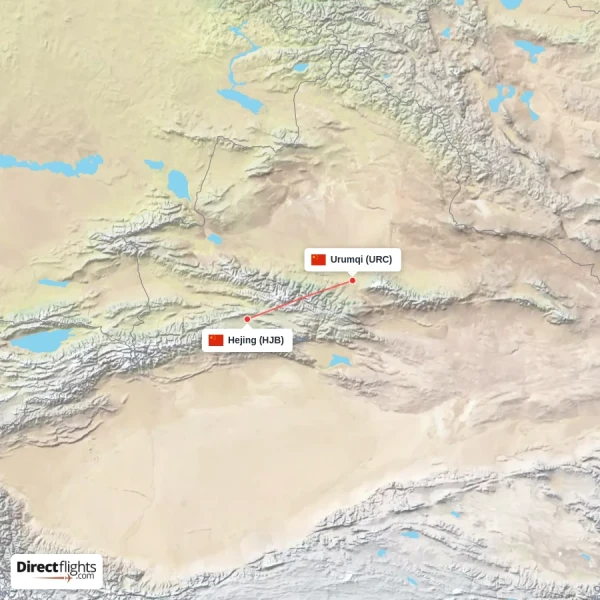 Hejing - Urumqi direct flight map