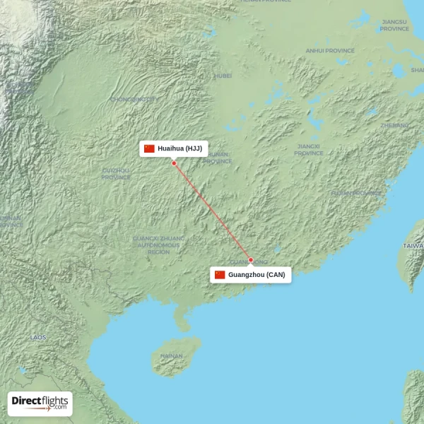Huaihua - Guangzhou direct flight map
